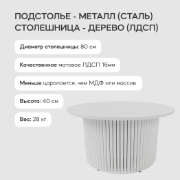 Стол круглый журнальный с белым металлическим подстольем TRUBIS Wood M 80 