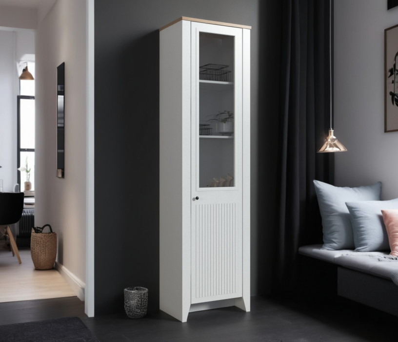 Шкафы пеналы, Шкаф-витрина Монтана СБ-3555 Белый Альпийский,Дуб Гамильтон/МДФ Дуб Белый