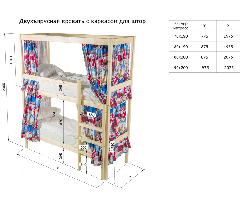 Для подростков, Кровать двухярусная с каркасом для штор 900x2000