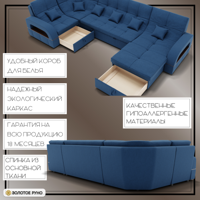 Диваны угловые в гостиную, П-образный диван Майами-4 ППУ, велюр
