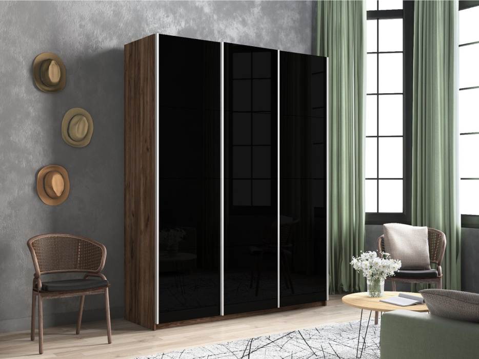 Шкафы-купе 3-х дверные, Шкаф-купе Прайм 3-х дверный Стекла черные/Доводчики 180х57х230