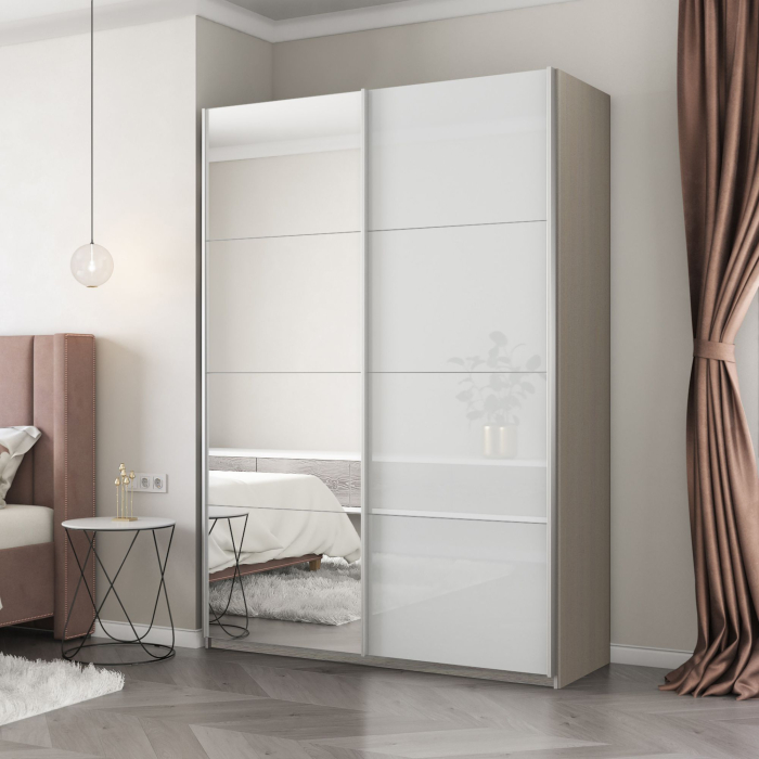 Шкафы-купе 2-х дверные, Шкаф-купе Прайм 2-х дверный Зеркало/Стекло белое/Доводчики 140х57х230