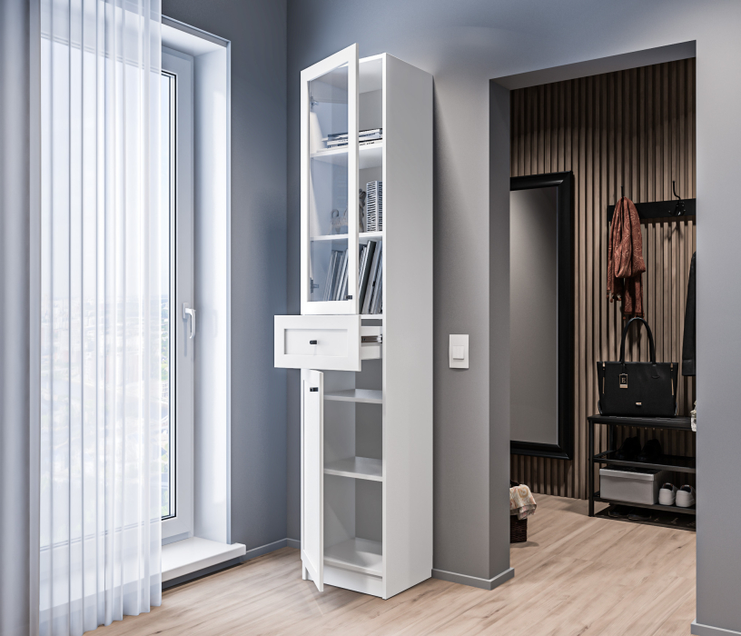 Прямые, Стеллаж Твин СБ-3372 Белый со стеклом и ящиком