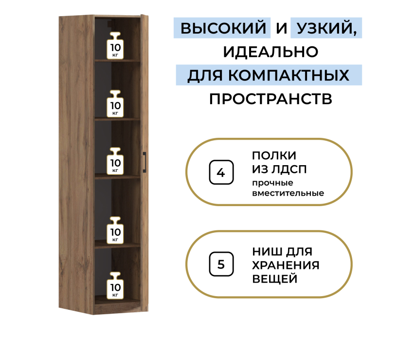 Для одежды, Шкаф однодверный Макс 500 мм, вариант №2 (ЛДСП, дуб вотан)