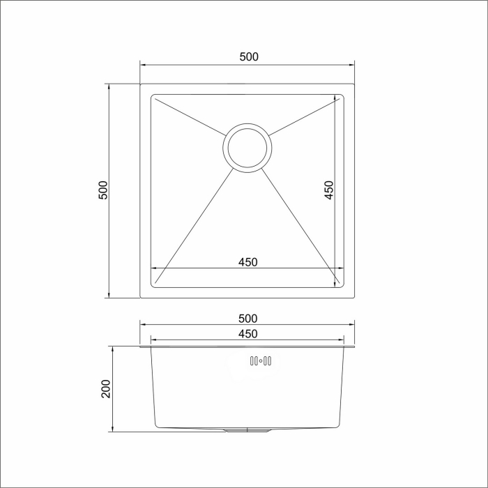 Кухонные мойки, Мойка подст.монтаж 50х50 (3,0) с сифоном