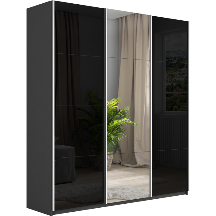 Шкафы-купе 3-х дверные, Шкаф-купе Прайм 3-х дверный Стекла черные/Зеркало/Доводчики 180х57х230
