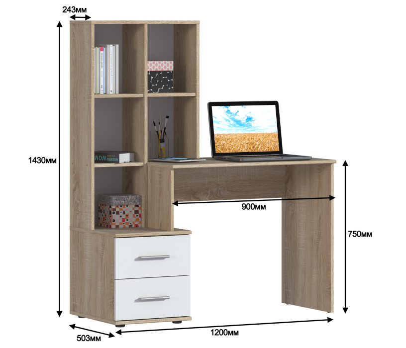 Прямые компьютерные столы, Стол Мамбо СБ-2998 Дуб Сонома/Белый