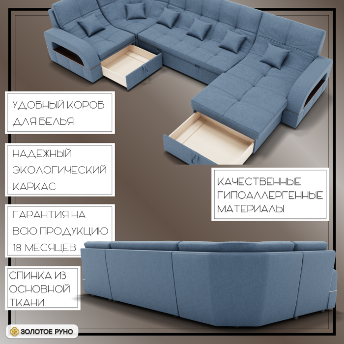 Диваны угловые в гостиную, П-образный диван Майами-4 ППУ, велюр