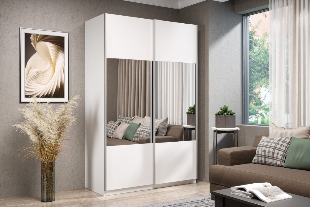 Шкафы-купе 2-х дверные, Шкаф-купе Smart 1424 2х дверный (фасады ЛДСП/зеркало) профиль серебро