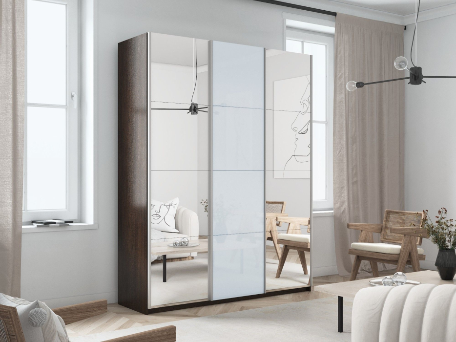 Шкафы-купе 3-х дверные, Шкаф-купе Прайм 3-х дверный Зеркала/Стекло белое/Доводчики 180х57х230