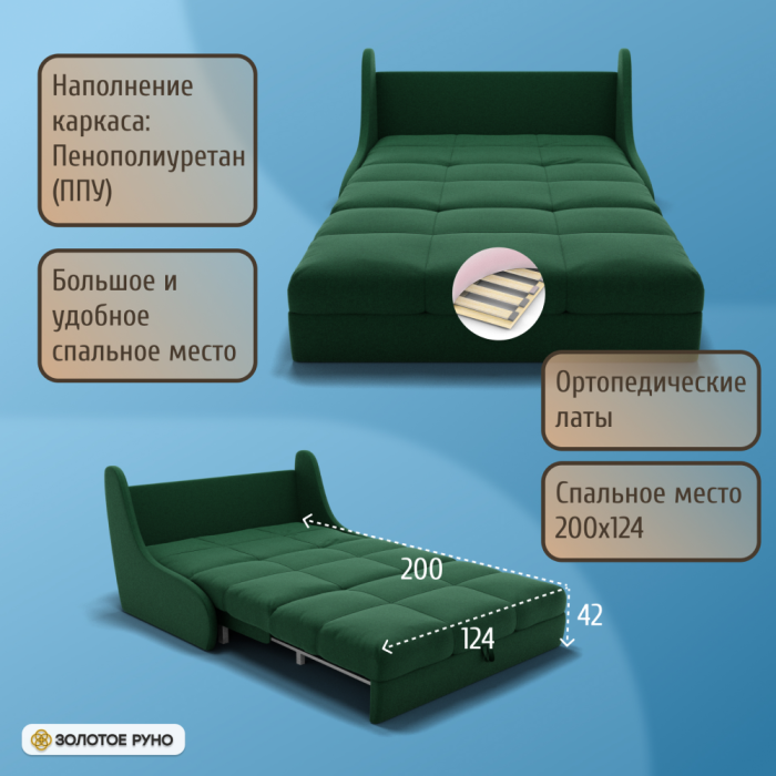 Диваны кровати со спальным местом, Прямой диван Куба на 1200 ППУ, велюр