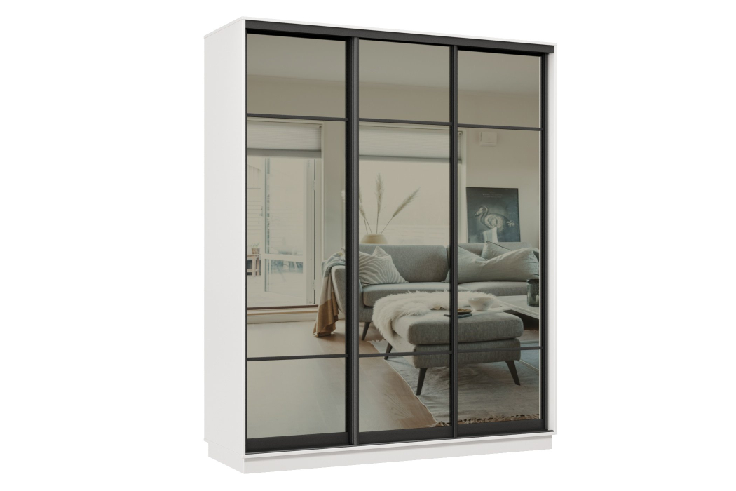 Шкафы-купе 3-х дверные, Шкаф-купе Премьер 21 (11ЗГ;11ЗГ;11ЗГ) фасады зеркало графит/трёхдверный/Профиль чёрный муар