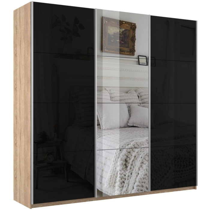 Шкафы-купе 3-х дверные, Шкаф-купе Прайм 3-х дверный Стекла черные/Зеркало/Доводчики 180х57х230