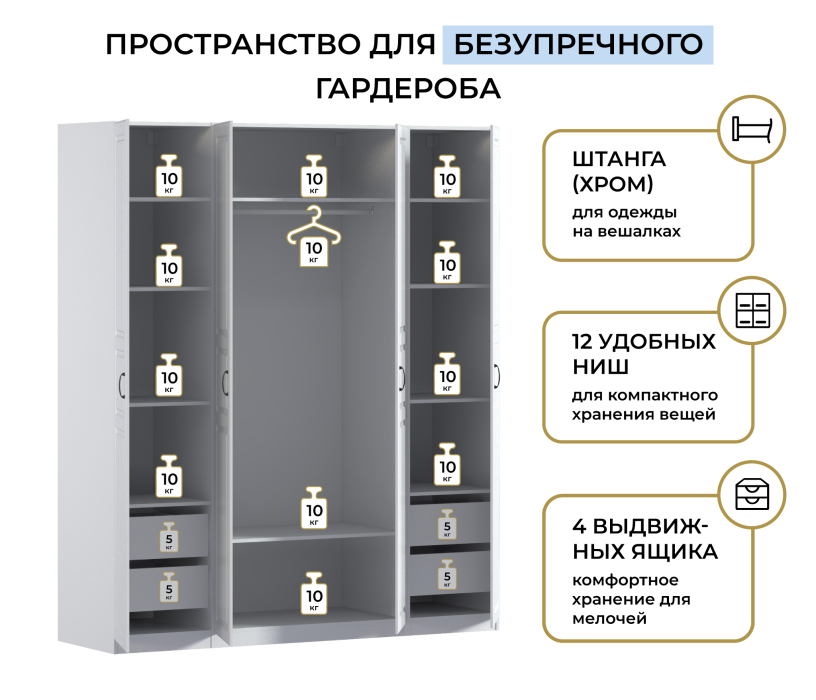 Для одежды, Шкаф четырехдверный Макс 2000 мм, вариант №2 (ЛДСП/МДФ)