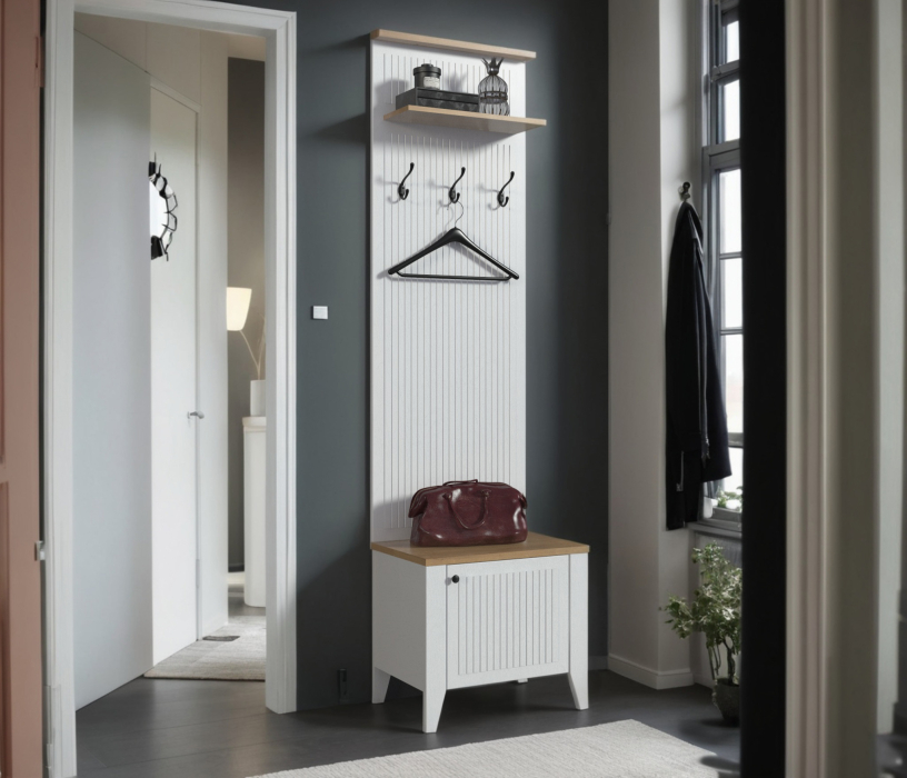 Напольные, Тумба с вешалкой Монтана СБ-3552 Белый Альпийский,Дуб Гамильтон/МДФ Дуб Белый
