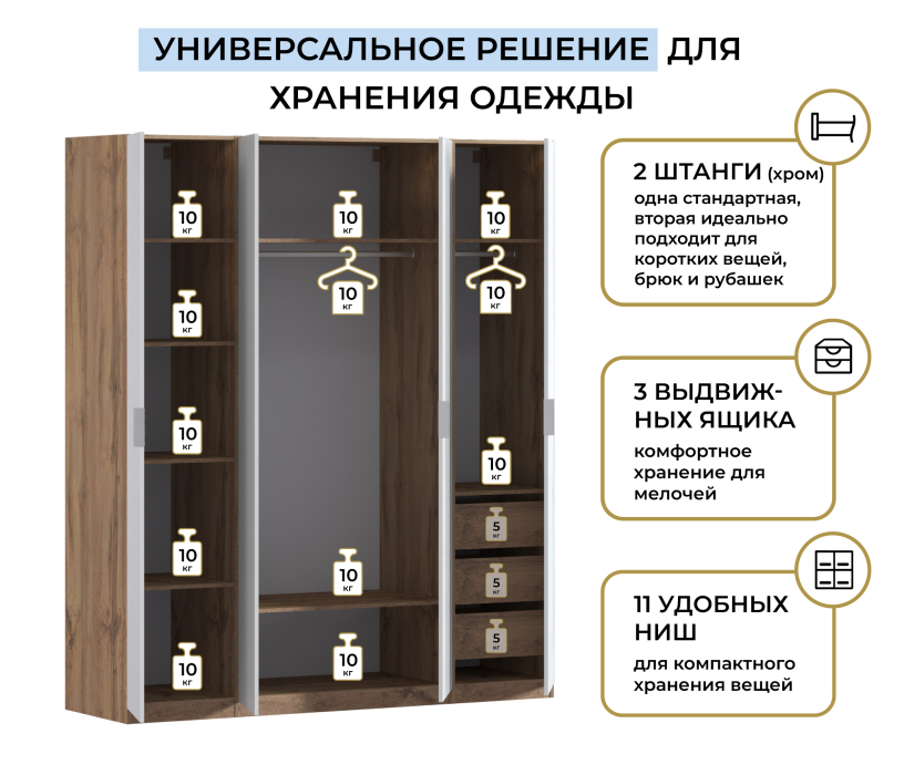 Для одежды, Шкаф четырехдверный Макс 2000 мм, вариант №4 (ЛДСП, корпус дуб вотан)