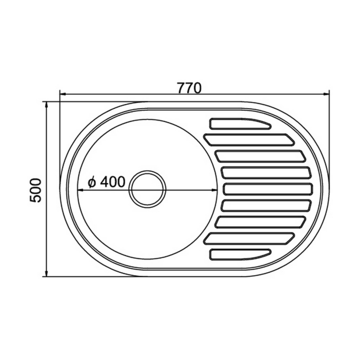 Кухонные мойки, Мойка овал 50х77 (0,8) лев, с сифоном