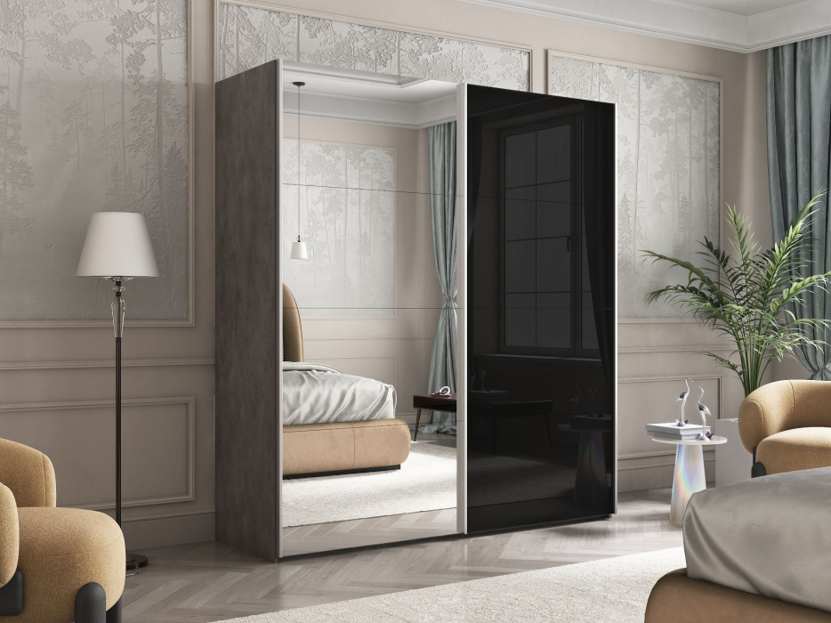 Шкафы-купе 2-х дверные, Шкаф Эста дуо Стекло черное/зеркало 2400 х 1800 х 660