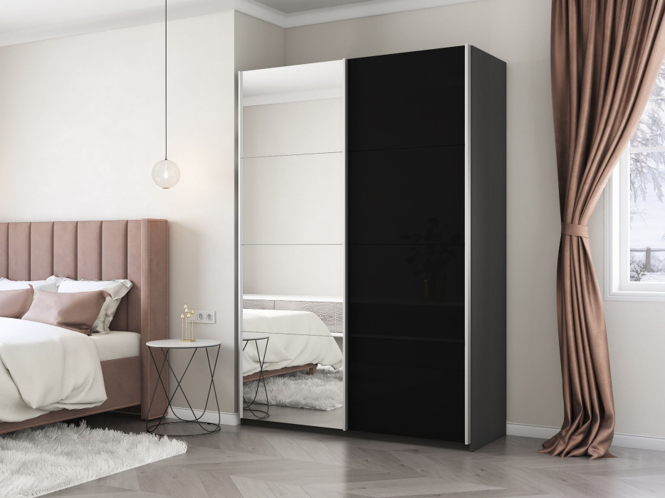 Шкафы-купе 2-х дверные, Шкаф-купе Прайм 2х дверный Зеркало/Стекло черное 160х57х230