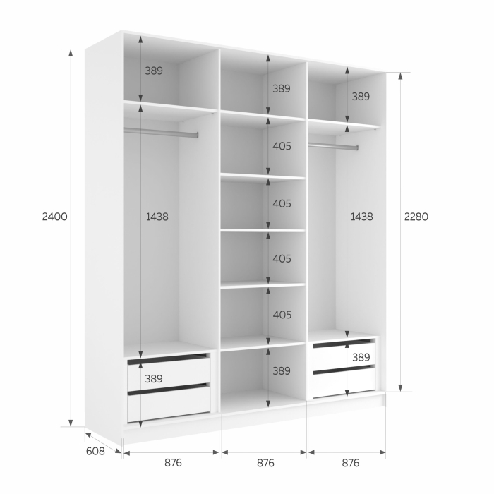 Шкафы-купе 3-х дверные, Шкаф-купе Эста Трио Стекло белое 270х66х240