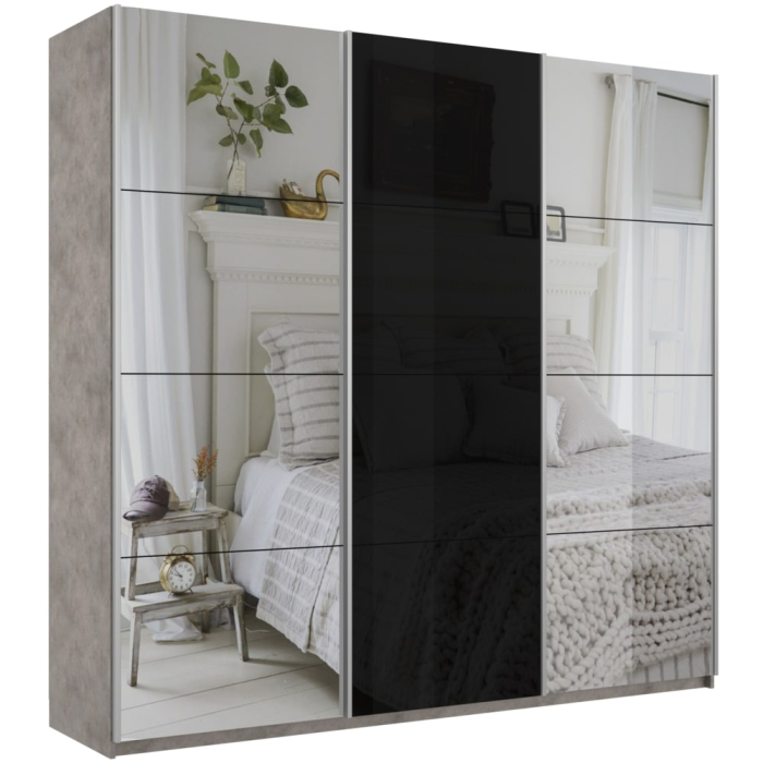 Шкафы-купе 3-х дверные, Шкаф-купе Прайм 3-х дверный Зеркала/Стекло черное/Доводчики 180х57х230