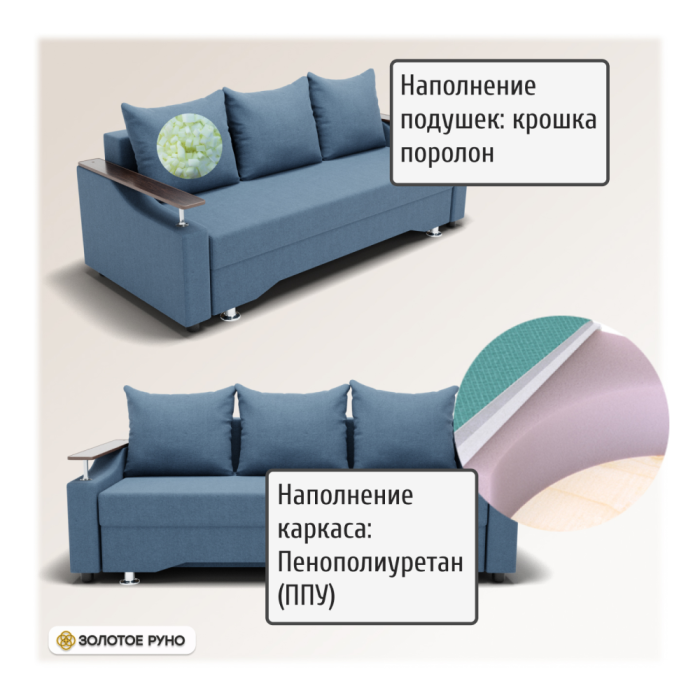 Диваны с ящиком для белья, Прямой диван Квадро-1 ППУ, велюр